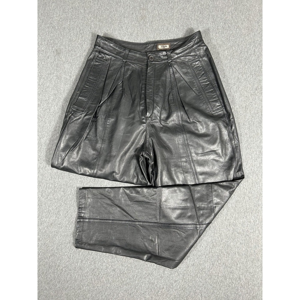 Toffs Vintage 80s 90s Black Leather Pants Womens 10P High Waist Pleated Tapered
